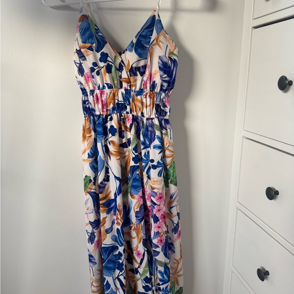 Floral Maxi Dress with Blue and Pink Accents